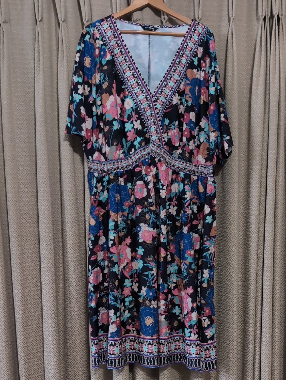 Women's Size 26 Bloomchic Boho Flared Midi Dress With Pockets And Half Sleeve
